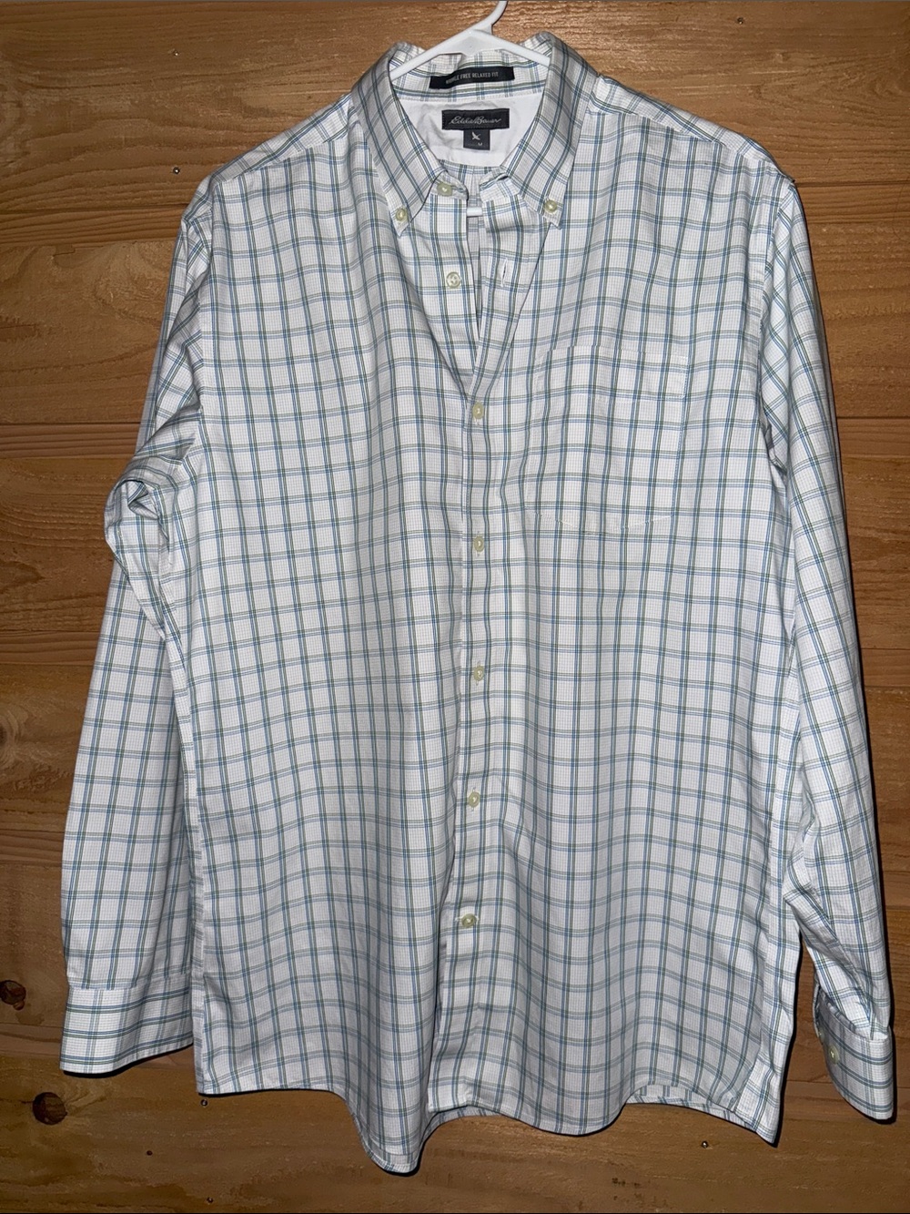 Eddie Bauer White Shirt with Light Blue Plaid Button-Down 100% Cotton